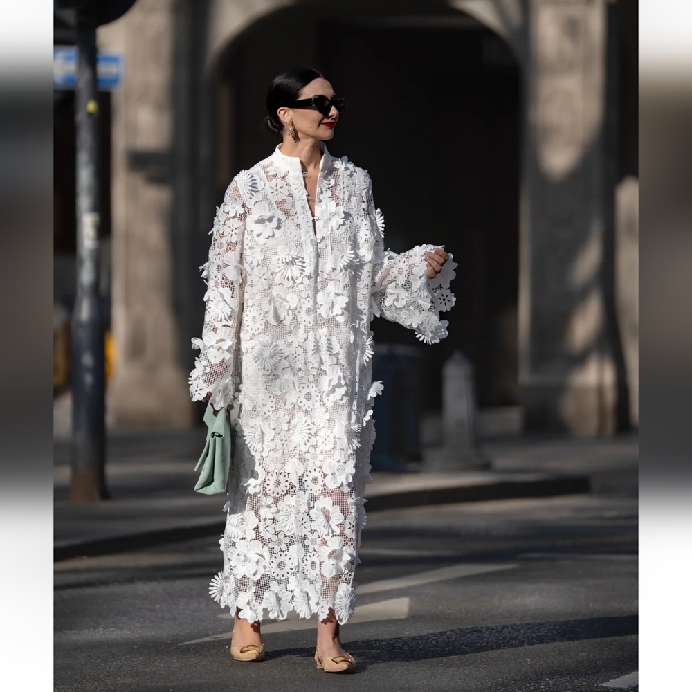 Resort White Lace Dress With Floral Applique
